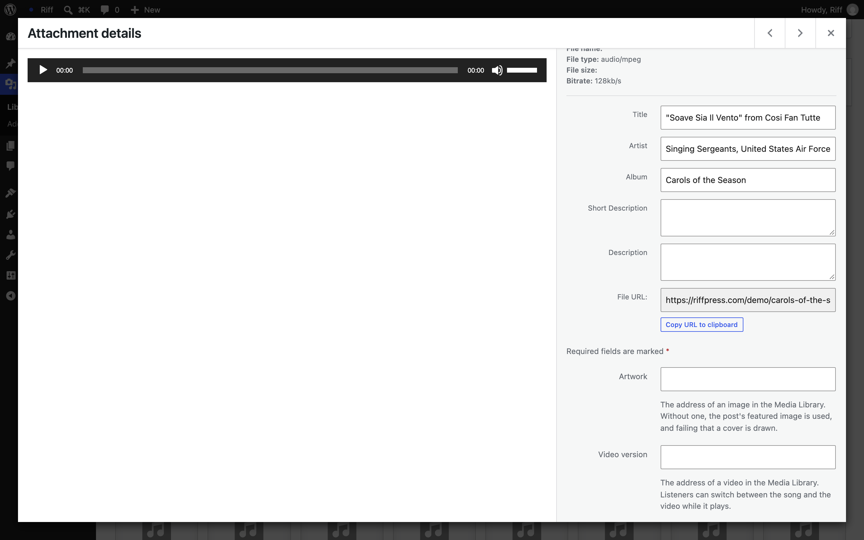 The attachment details for an audio file: Title, Artist and Album fields filled in from the file, then Riff's Artwork and Video version fields
