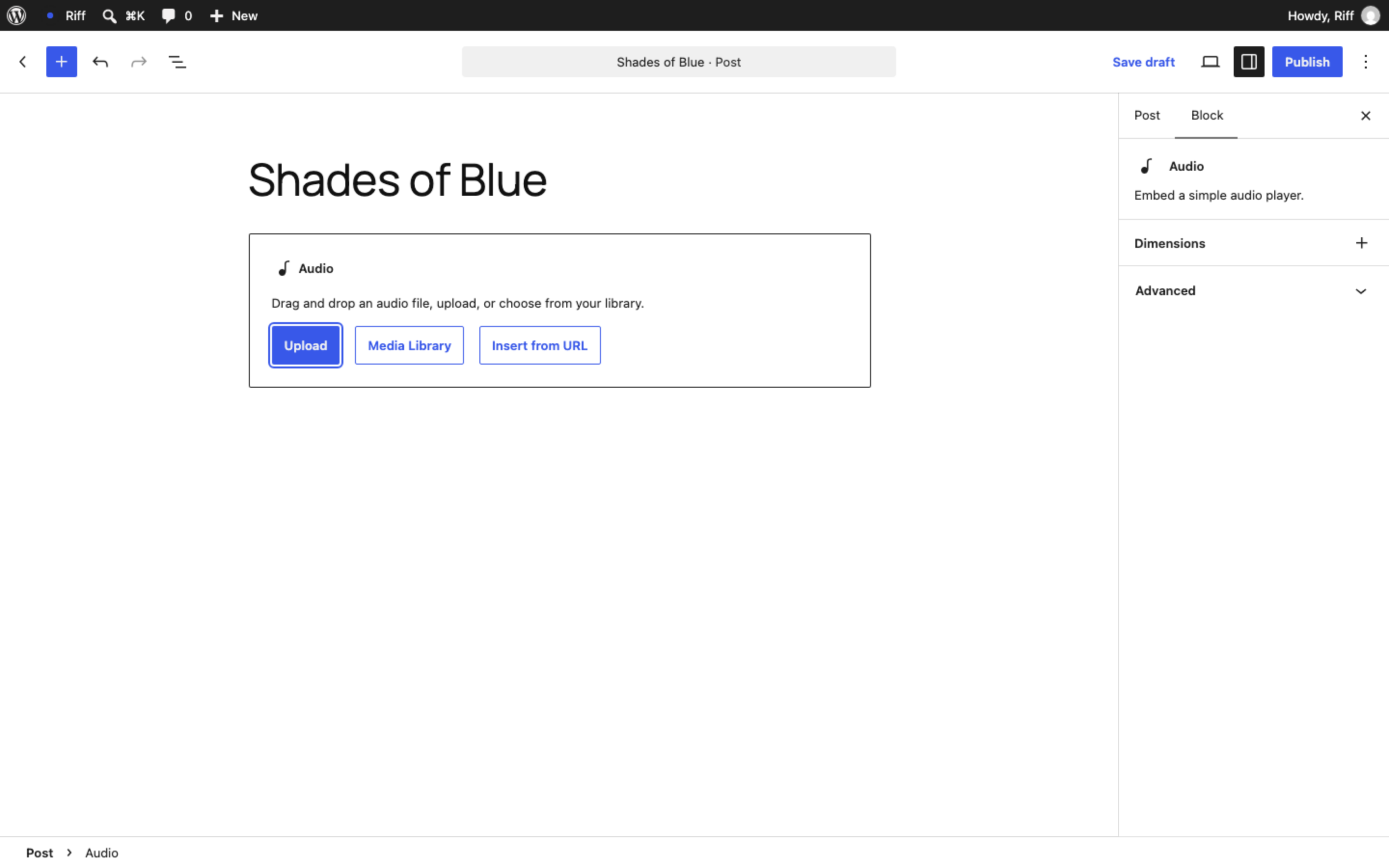 A new post titled Shades of Blue with an empty Audio block offering Upload, Media Library and Insert from URL