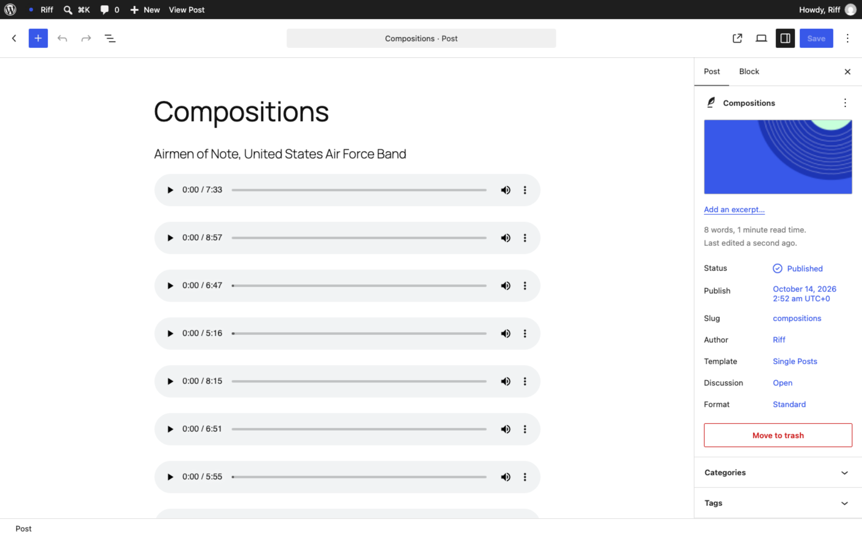 The WordPress editor with a post titled Compositions: a line of text and a list of Audio blocks, with the cover shown as the featured image in the sidebar