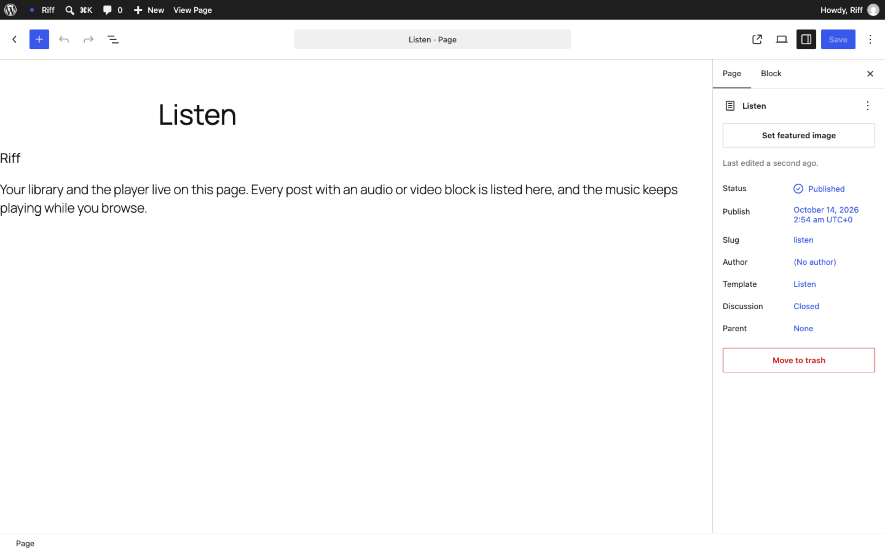The editor with a page titled Listen holding the Riff block, which describes itself as the page where the library and the player live